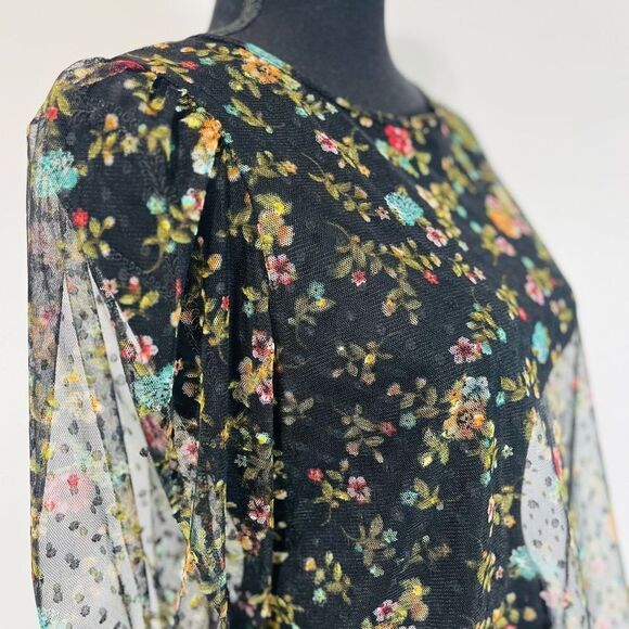 Tiny Willow Sheer Net Puff Sleeve Swiss Dot Floral Blouse Black Women’s S/M - Picture 4 of 14